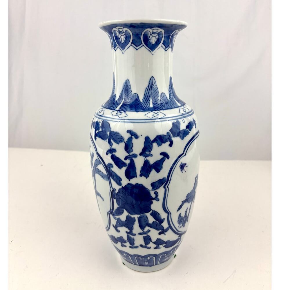 Blue & White Chinese Porcelain Vase with Floral & Bird Design‎ 11.75"